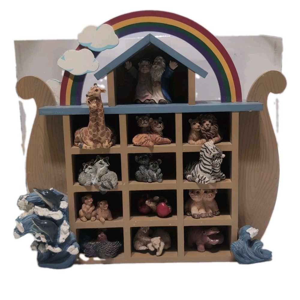 Noah's Ark Wooden Display Animal Figurines Nursery Decor Miniature Trinket Shelf